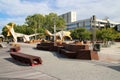 esplanade, benches and giant statues of a numbat and a lizard at south perth foreshore in perth (australia)