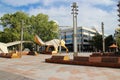 esplanade, benches and giant statues at south perth foreshore in perth (australia)