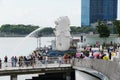 Esplanade Drive, Singapore - February 19, 2023 - Visitors around the Merlion statue during the day Royalty Free Stock Photo