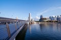 Esplanade Theatre and Jubilee Bridge in Downtown Singapore city. Marina Bay area. Financial district and skyscraper buildings