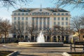 Esplanade Zagreb Hotel building, historic luxury hotel in Zagreb. In front of it is a park with a fountain. Croatia Royalty Free Stock Photo