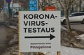 Espoo, Finland - March, 2021: Signboard in Finnish indicates a coronavirus testing point