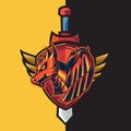 Esport logo for gaming with red dragon with sword and shield defense theme