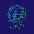 Esport logo icon outline stroke in aim frame, Joypad or Controller gaming gear with gun design illustration isolated on dark blue Royalty Free Stock Photo