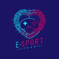 Esport logo icon outline stroke in heart love frame and radius, Joypad or Controller gaming gear design illustration isolated on