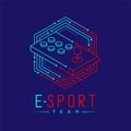 Esport logo icon outline stroke in hexagon frame, Arcade fighting gaming gear stick design illustration isolated on dark blue