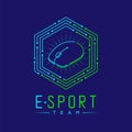 Esport logo icon outline stroke in hexagon frame, mouse gaming gear design illustration isolated on dark blue background with