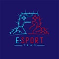 Esport logo icon outline stroke, Joypad or Controller gaming gear with hand, cloud and radius design illustration isolated on dark