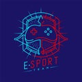 Esport logo icon outline stroke in shield radius frame, Joypad or Controller gaming gear with Archer design illustration isolated