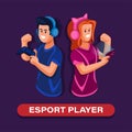 Esport player boy and girl holding gamepad and smartphone gadget mascot illustration vector