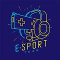 Esport streamer logo icon outline stroke, Joypad or Controller gaming gear with headphones, microphone and radius gun design