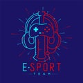 Esport streamer logo icon outline stroke, Joypad or Controller gaming gear with headphones, microphone and radius sword design