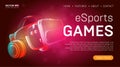 Esports games landing page template with a virtual reality headset with glasses and headphones or VR helmet banner design. Outline