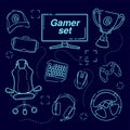 ESports set, Gaming gadgets, line set icon. Modern devices for video games, headset for virtual reality, equipment for