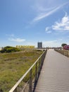 Esposende, Portugal - August 13, 2023: Large yellow letters spelling out Esposende on walkways near the beach on a summer day