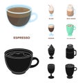 Esprecco, glase, milk shake, bicerin.Different types of coffee set collection icons in cartoon,black style vector symbol