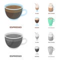 Esprecco, glase, milk shake, bicerin.Different types of coffee set collection icons in cartoon,monochrome style vector