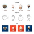 Esprecco, glase, milk shake, bicerin.Different types of coffee set collection icons in cartoon,outline,flat style vector