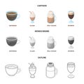 Esprecco, glase, milk shake, bicerin.Different types of coffee set collection icons in cartoon,outline,monochrome style