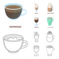 Esprecco, glase, milk shake, bicerin.Different types of coffee set collection icons in cartoon,outline style vector