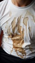 Espresso accident White fabric held by young men, stained and crinkled