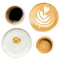 Espresso, americano, latte, cappuccino isolated on white