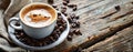 Espresso black coffee cup with beans on vintage table