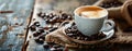 Espresso black coffee cup with beans on vintage table