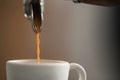 Espresso brewing with single spout portafilter on professional coffee machine