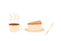 Espresso and cake. Coffee cup with slice of cake and fork. Sweet bakery piece with hot beverage. Pastry dessert. Vector pie and