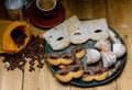 Espresso with carnival cookies ,stuffed tortelli and italian frappe Royalty Free Stock Photo