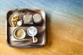 Espresso coffee and cracker on wooden table background Royalty Free Stock Photo