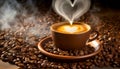 Espresso Coffee Cup above a Roasted Coffee Beans - Generative Ai