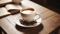 Espresso Coffee Cup With Beans On Vintage Table