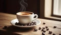 Espresso Coffee Cup With Beans On Vintage Table