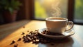 Espresso coffee cup with beans on wooden table, morning light filtering through, , light Royalty Free Stock Photo