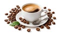 Espresso Coffee Cup With Green Leaf And Scattered Roasted Beans On White Background Royalty Free Stock Photo