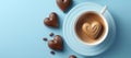 espresso coffee cup with love chocolate on blue background Royalty Free Stock Photo