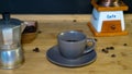 Espresso coffee cup placed on a wooden table Royalty Free Stock Photo