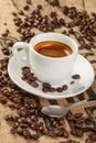 Espresso, coffee cup, spilled coffee beans Royalty Free Stock Photo