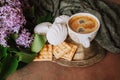 Espresso coffee cup, zephyr and cookies on silver platter. Romantic breakfast. Coffee break. Royalty Free Stock Photo