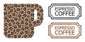 Espresso Coffee Distress Seals with Notches and Coffee Cup Mosaic of Coffee Seeds