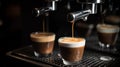 Espresso coffee machine brewing two shots in white cup. Generative ai Royalty Free Stock Photo