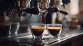 Espresso coffee machine brewing two shots in white cup. Generative ai Royalty Free Stock Photo