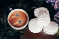 Coffee cup and heap of zephyr sweet dessert. Espresso coffee, morning breakfast.