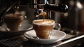 Espresso coffee pouring from espresso machine, Barista details in cafe