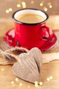 Espresso coffee, red enamel mug, two hearts Royalty Free Stock Photo
