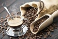 Espresso coffee with scoop and beans Royalty Free Stock Photo
