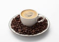 Espresso coffee in small cup and fresh raw beans on saucer on white background Royalty Free Stock Photo