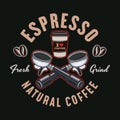 Espresso coffee vector emblem, logo, badge or label with portafilters. Illustration in colored style on dark background